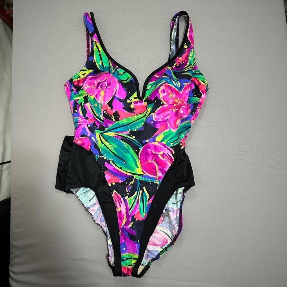 Vintage Swimsuit Baltex Maillot Body ID High Leg Floral Bow 1980s Womens Size 14